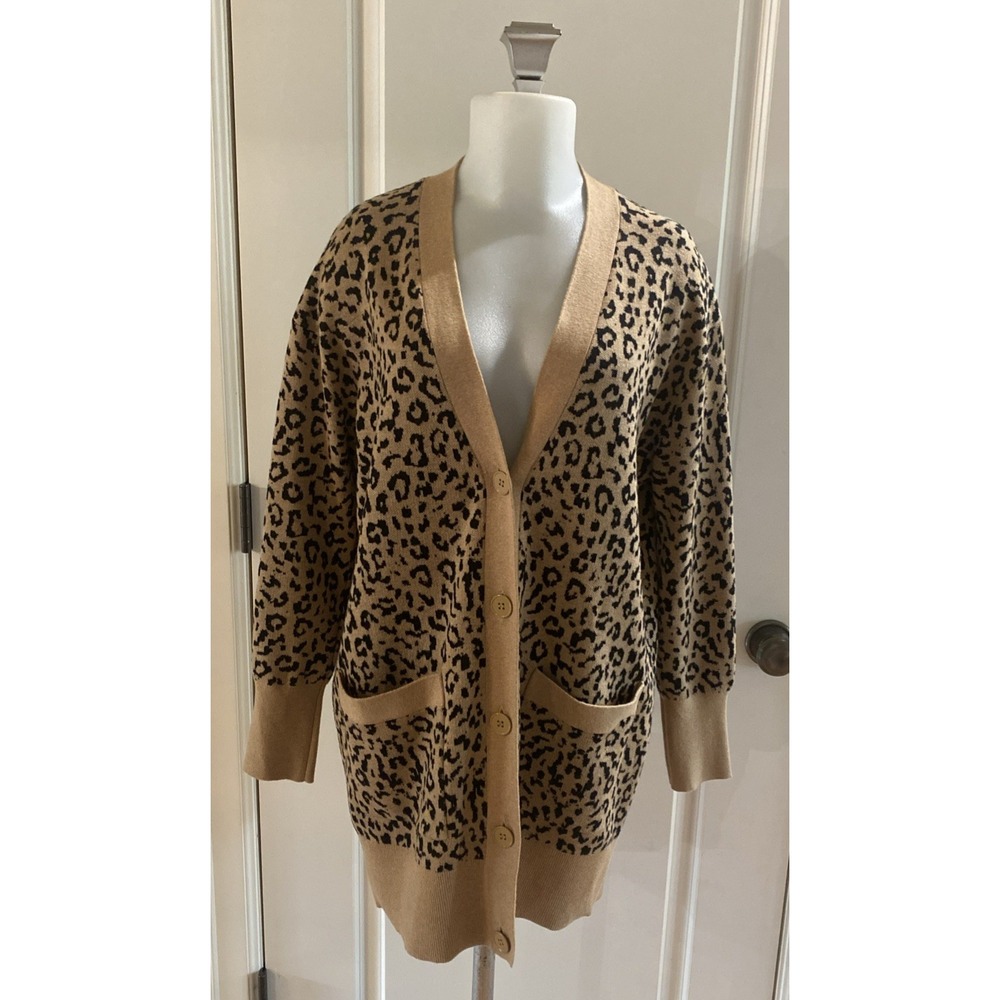 J. Crew Leopard Print Camel Black Long Cardigan Sweater Cotton Wool Blend - S